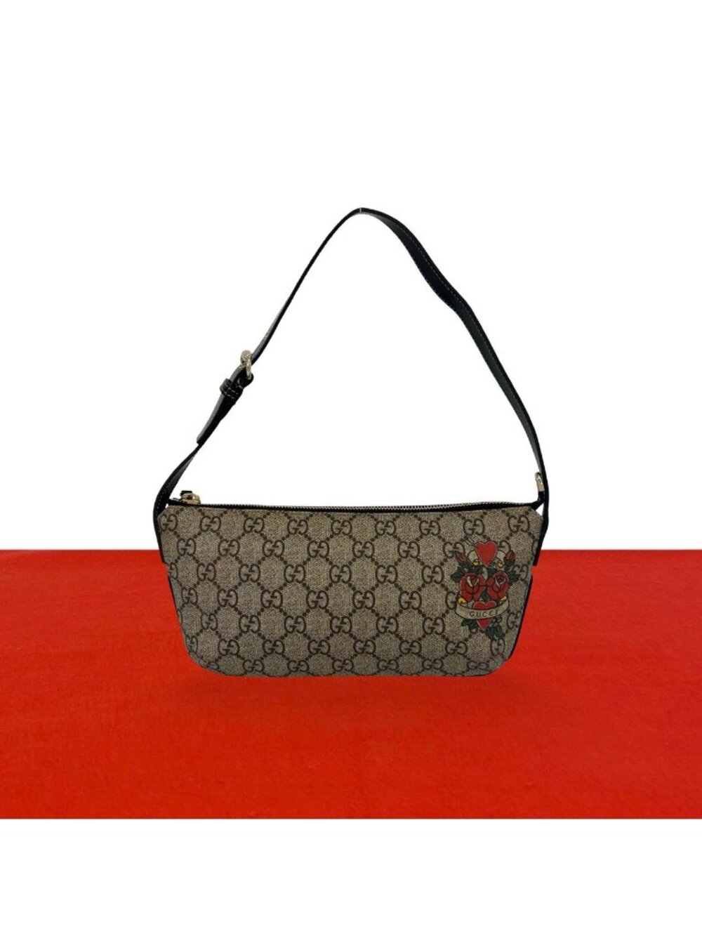 Gucci GG Supreme Pattern Logo Tattoo Heart Leather Handbag Bag Brown